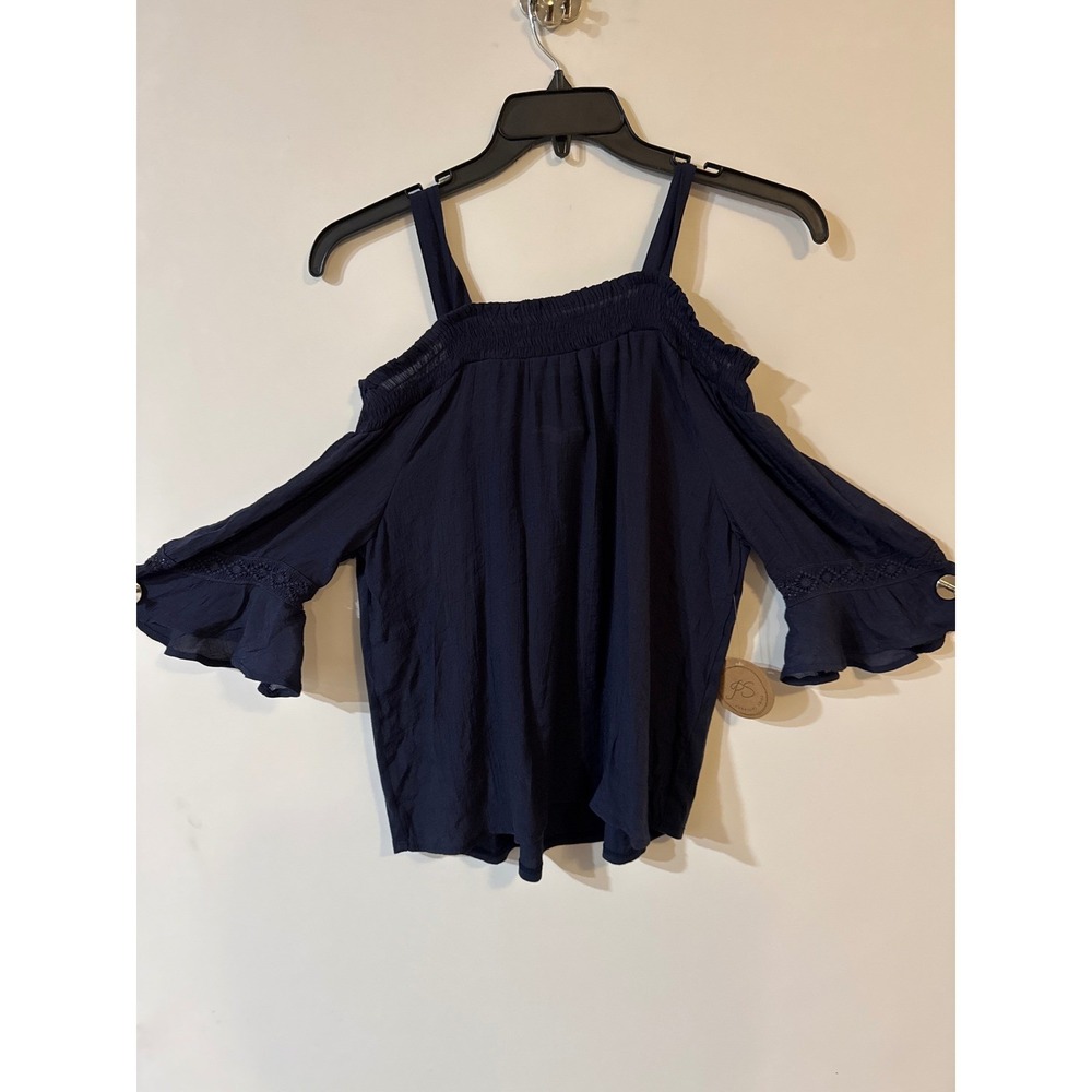 Parallel Skies Womens Navy Blue Cold Shoulder Smocked Lace Trim Blouse Small NWT
